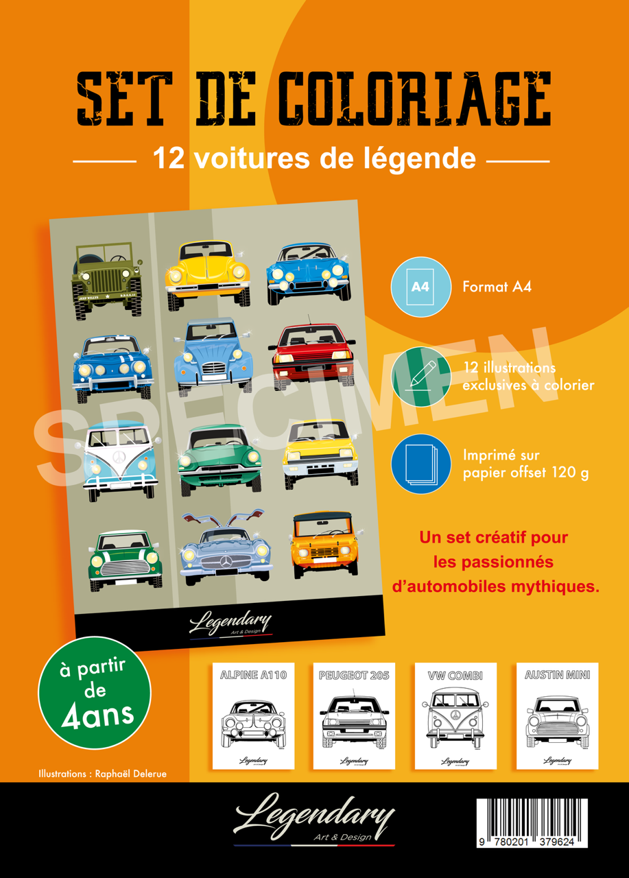 Set de coloriage - 12 voitures mythiques - Format A4